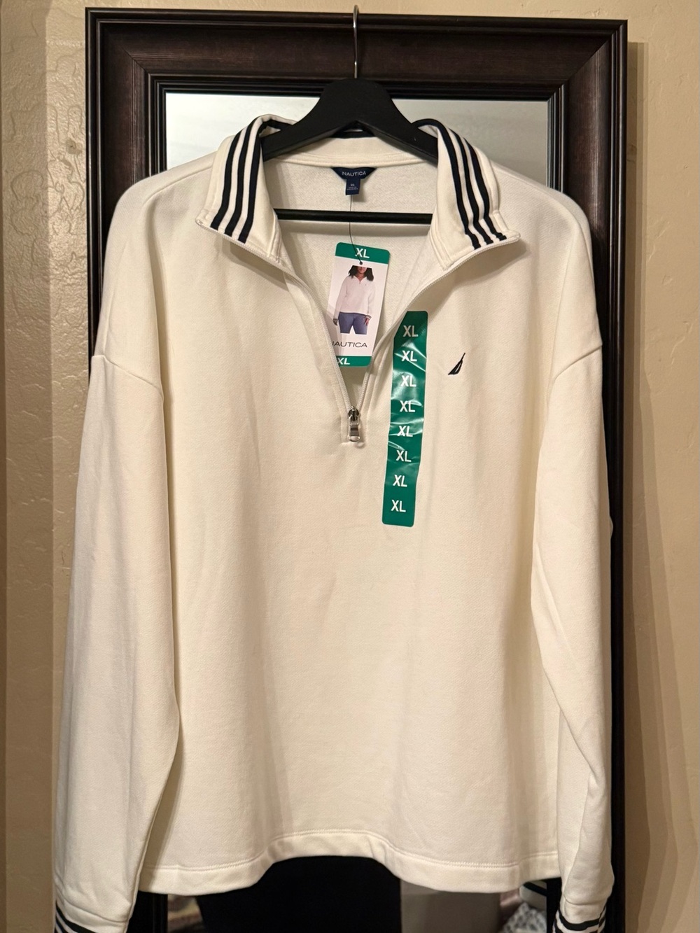 NWT Nautica Quarter Zip Pullover Sweatshirt White Navy Stripe XL - Picture 2 of 5